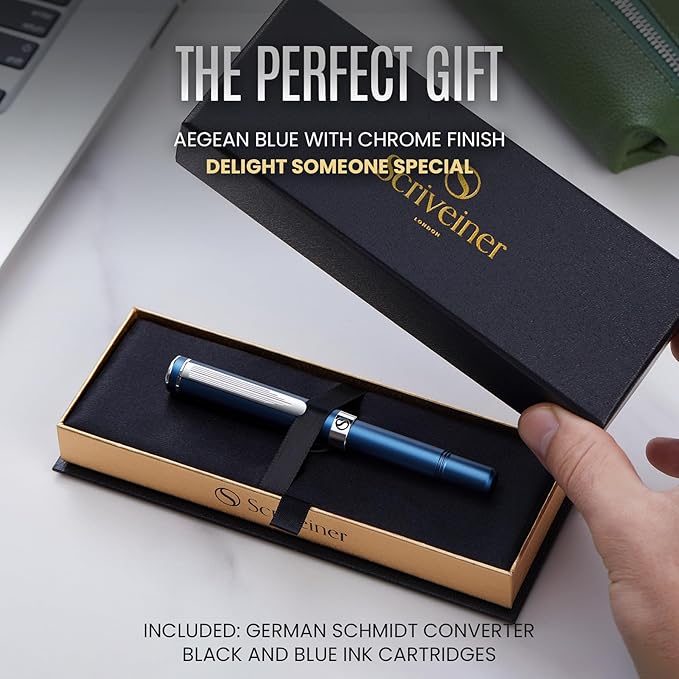Scriveiner Luxury EDC Fountain Pen, Stunning Matt Blue Pocket Pen, Chrome Finish - Image 3