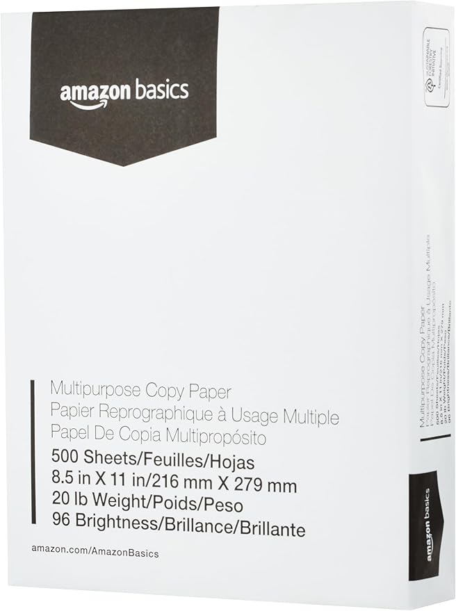 Amazon Basics Multipurpose Copy Printer Paper, 8.5 x 11 Inches, 20 lb, 1 Ream by AmazonBasics