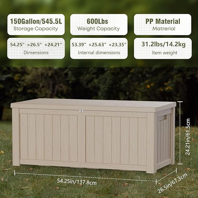 PATIOEASY Outdoor Storage Box 150GAL Waterproof Resin Deck Box, UV-Resistant - Image 3