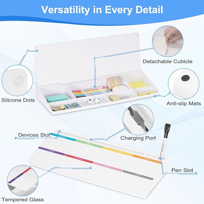 Desktop Glass Whiteboard with Storage, Colorful Weekly Calendar Desk Dry Erase - Image 7