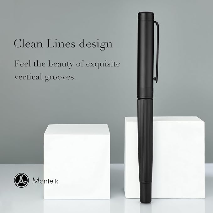 MCNTEIK Matte Black Fountain Pen, Exquisite Vertical Grooving Design, Ink - Image 2