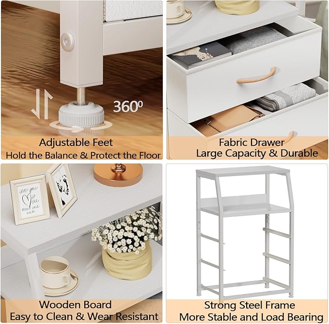 Furnulem White Nightstand with 3 Drawers and 2-Tier Shelf, Small Night Stand - Image 5