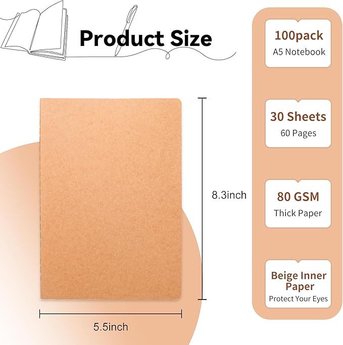 100 Pack Blank Kraft Notebooks, 8.3x5.5 Inches A5 Small Journals Bulk Blank - Image 2