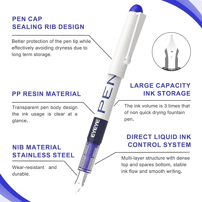 EYEYE Disposable Fountain Pens, 8 Pack 3 Colors Fine Point Pens Stainless Steel - Image 3