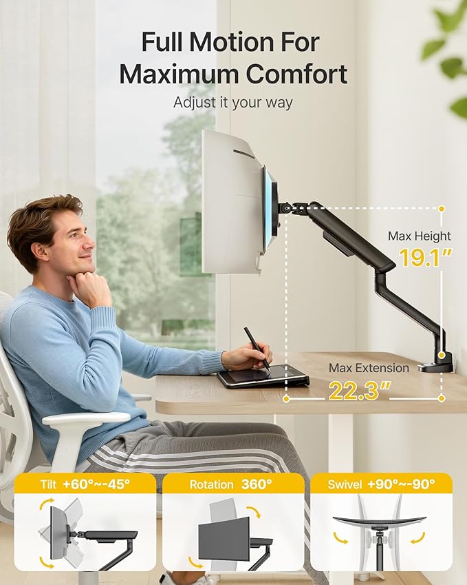 monTEK Single Monitor Arm with USB, Mechanical Spring Monitor Arm - Image 3