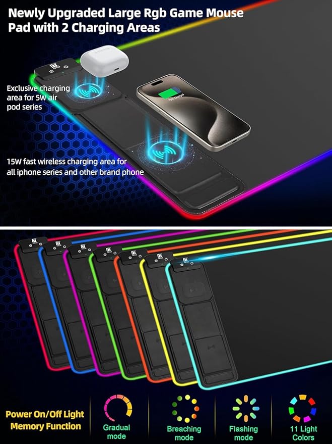 XXL Mouse Pad with Phone Holder, RGB Desk Mat with 15W Fast Charging, LED Large - Image 5