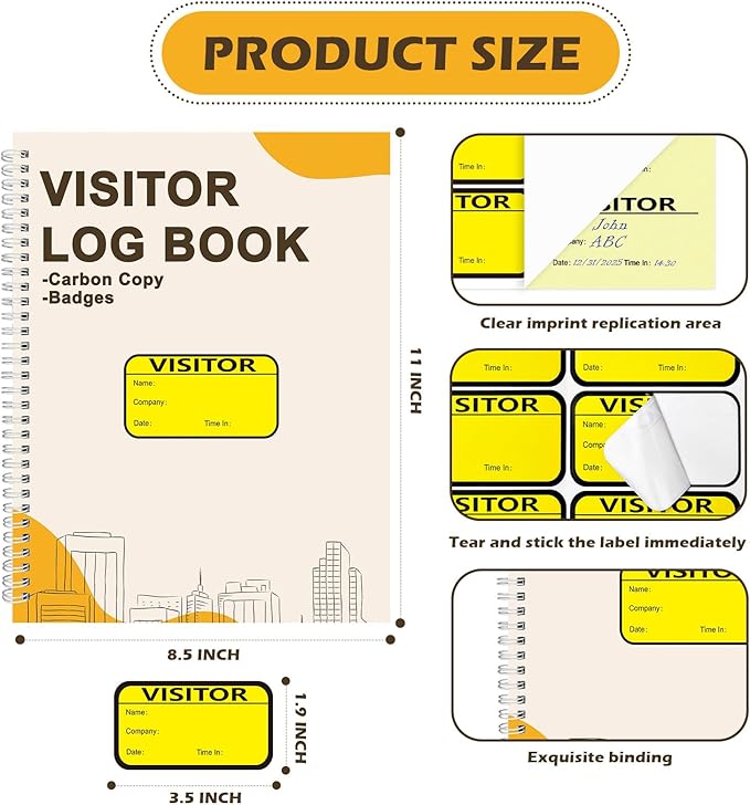 2 Pack Visitor Badges with Carbon Copy Visitor Stickers Letter Size Visitor Log - Image 2