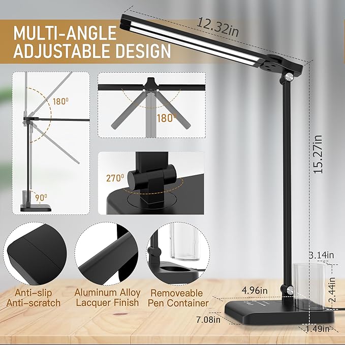 Dimmable LED Desk Lamp with USB Charging Port, 50 Lighting Modes Dual Swing Arm - Image 5