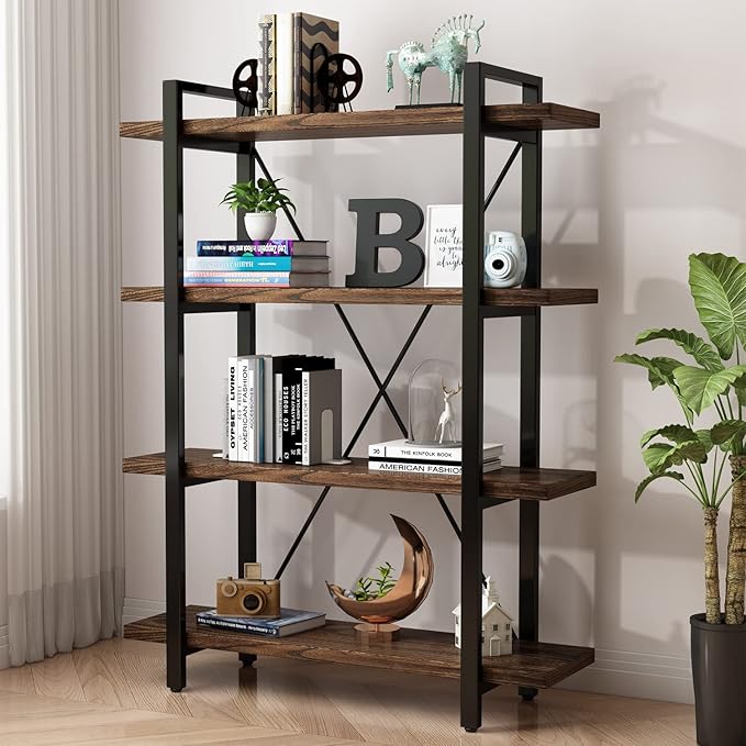 4 Tier Bookshelf Solid Wood Bookcase and Book Shelves Wood and Metal Shelving - Image 4