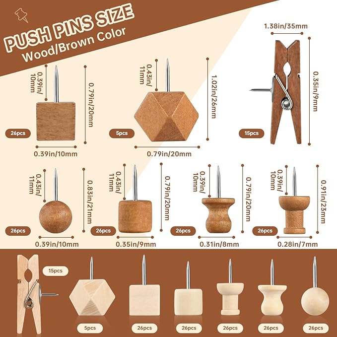 GOOLADA 300Pcs Wooden Push Pins, 2 Colors and 7 Types Decorative Thumb Tacks - Image 2