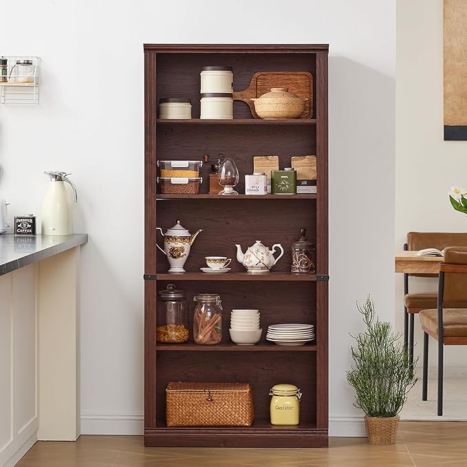 RWYHG 70" Walnut Tall Bookshelf, 5-Tier Thick Wooden Book Shelf - Image 8