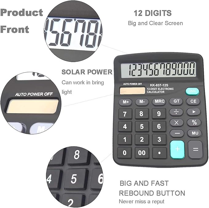 Calculators, BESTWYA 12-Digit Dual Power Handheld Desktop Calculator - Image 2