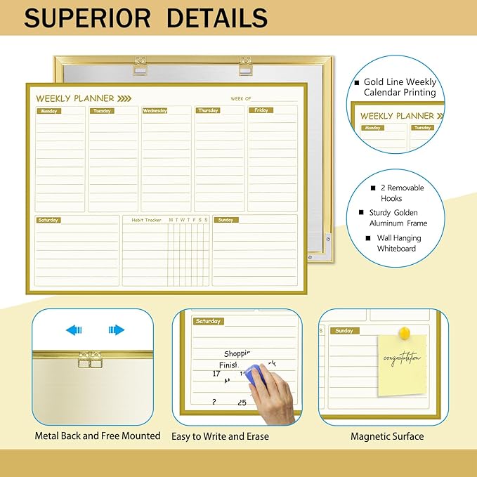 Gold Weekly Dry Erase Board for Wall, Small Magnetic Dry Erase Weekly Calendar - Image 2