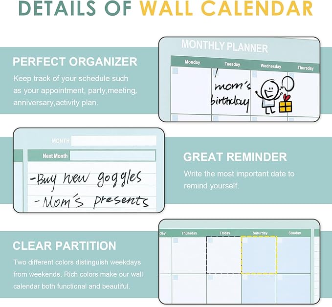 MAKELLO Dry Erase Calendar for Wall 36" x 24", Large White Board Calendar - Image 7