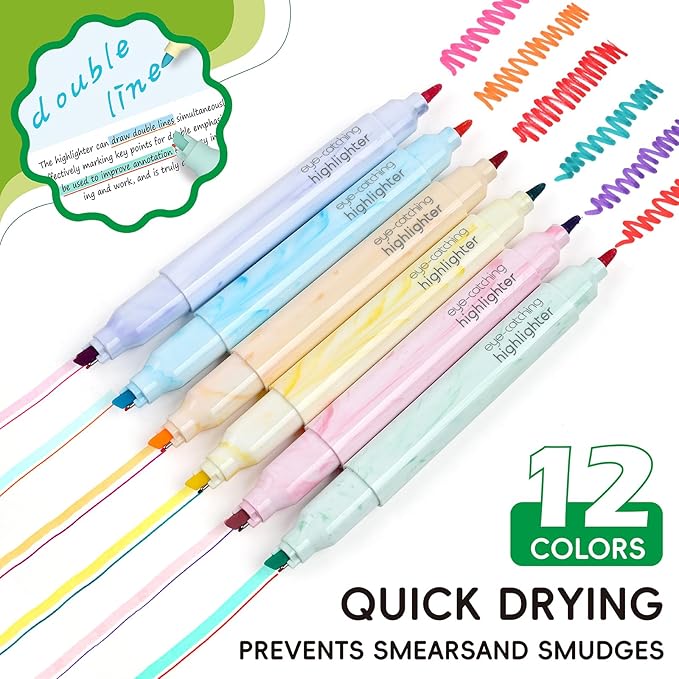 Techjob Aesthetic Highlighters 12 Pack Dual Tips, Double Line Highlighters - Image 2