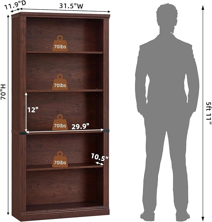 RWYHG 70" Walnut Tall Bookshelf, 5-Tier Thick Wooden Book Shelf - Image 2