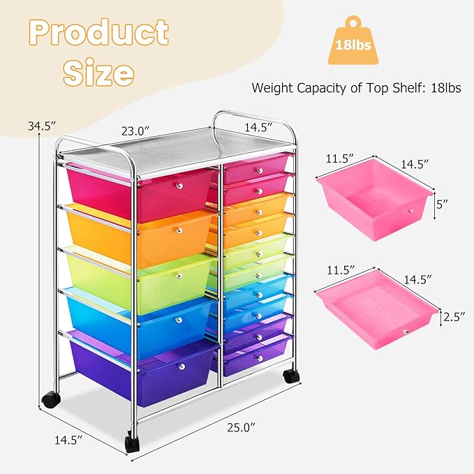 COSTWAY 15 Drawer Rolling Storage Cart, Utility Tools Paper Organizer on Wheels - Image 3