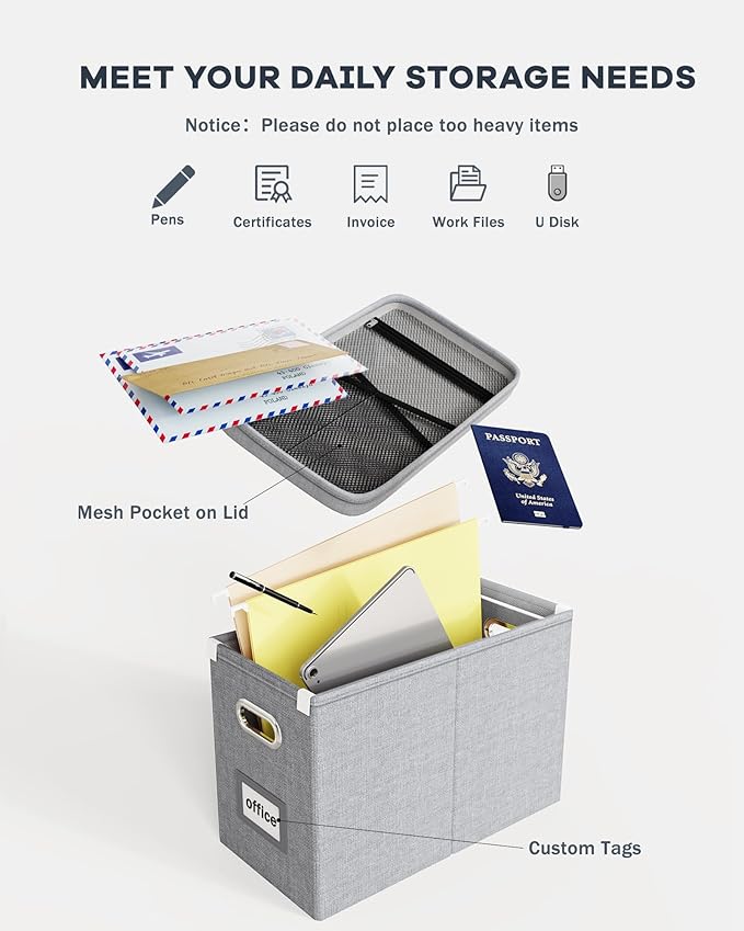 Oterri File Organizer Box with Lid, Hanging Filing File Box with Mesh Pocket - Image 4