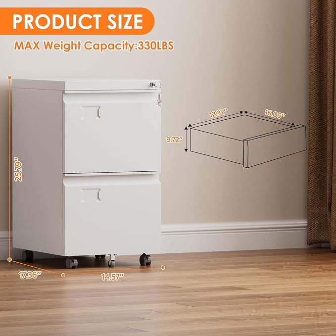 SUXXAN 2 Drawers Mobile File Cabinet, Metal Under Desk Cabinet - Image 3
