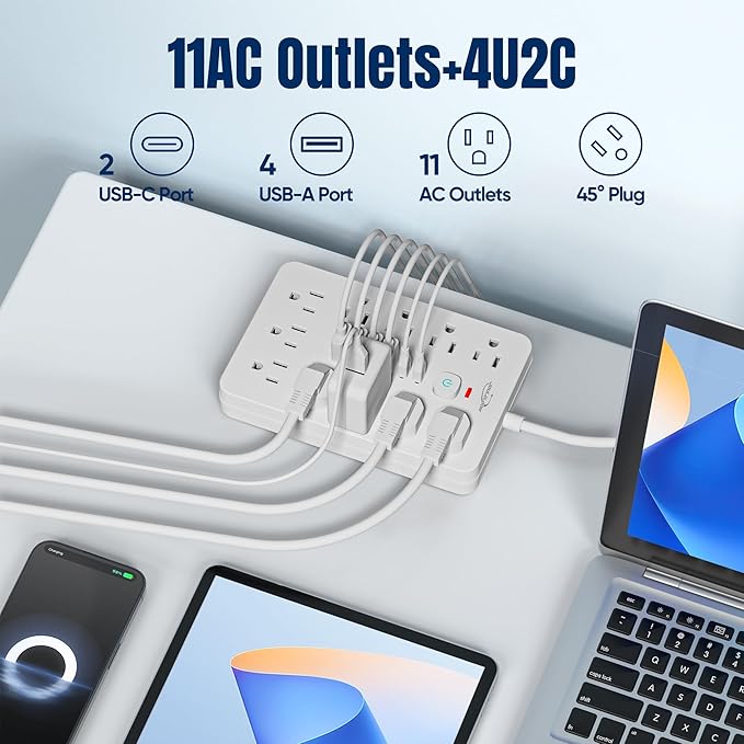 JouleLoom 15 FT Flat Plug Surge Protector Power Strip, 11 Multiple AC Outlets - Image 2
