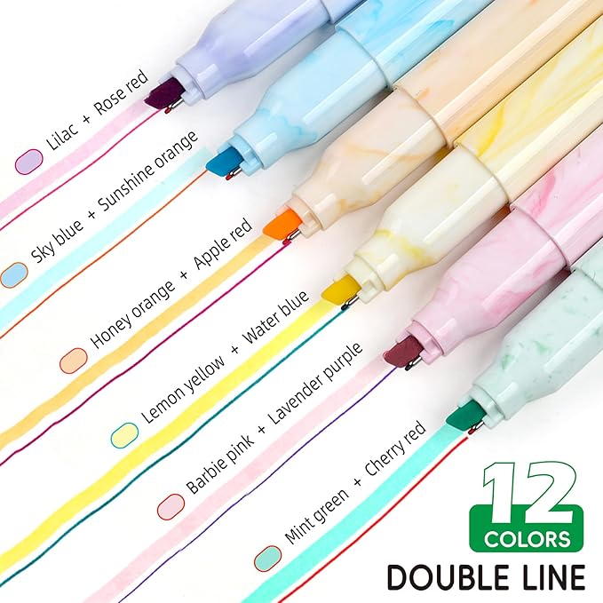 Techjob Aesthetic Highlighters 12 Pack Dual Tips, Double Line Highlighters - Image 4