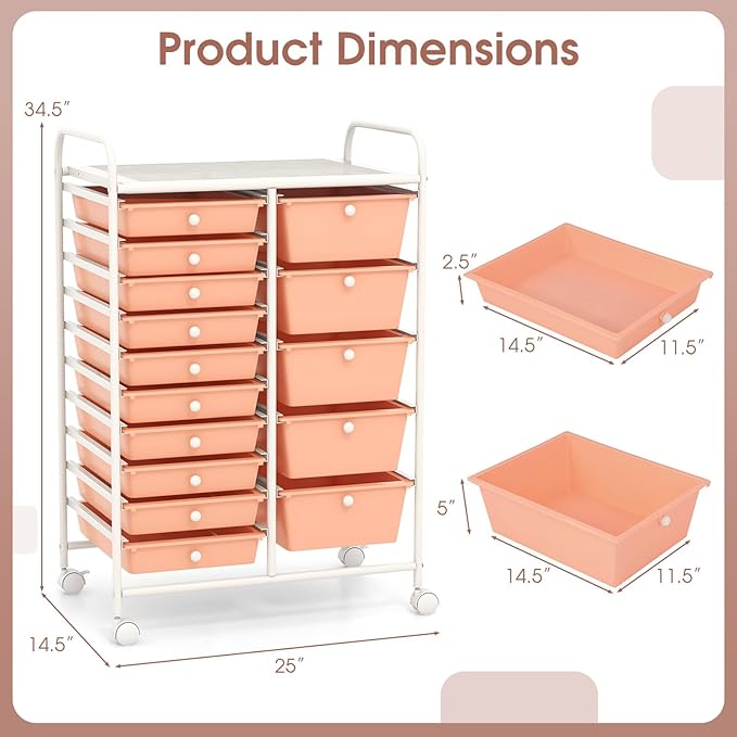 COSTWAY 15-Drawer Rolling Storage Cart, Mobile Utility Cart - Image 3