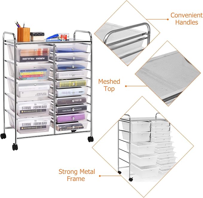 HAPPYGRILL 15-Drawer Rolling Cart, Storage Carts - Image 8