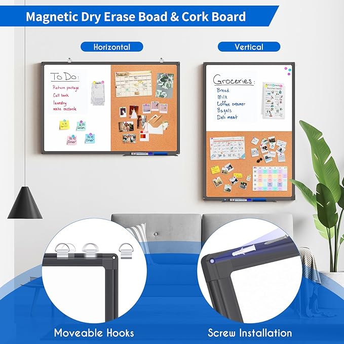 Magnetic White Board and Cork Board Combo, 24 X 18 inches Whiteboard Bulletin - Image 2