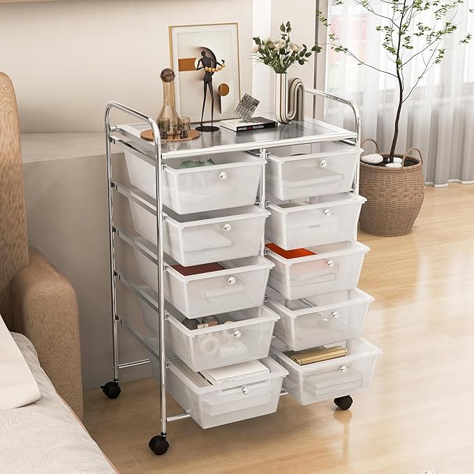 LDAILY 10 Drawer Rolling Cart, Storage Cart Organizer on Wheels, Drawer Cart - Image 2