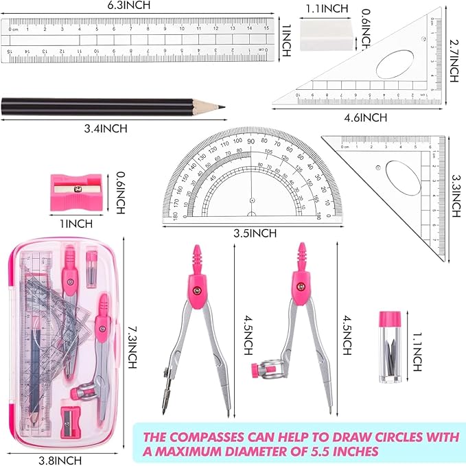 Zonon 6 Sets Math Geometry Kit Student 10 Pcs Shatterproof Storage Box Includes - Image 3