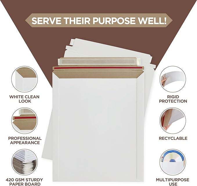 100 Pack 9.75x12.5 Inches Rigid Mailers – Self Adhesive White Stay Flat Mailers - Image 4