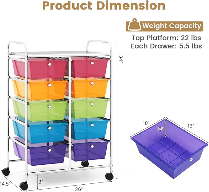 HAPPYGRILL 10-Drawer Rolling Storage Cart, Storage Organizer Cart - Image 7