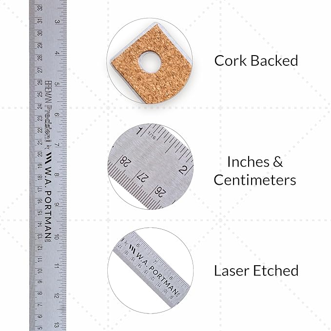Breman Precision Metal Ruler 15 Inch Cork Back – 2 Pk Stainless Steel Straight - Image 2