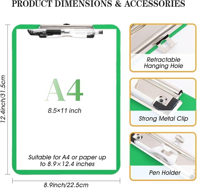 TFDLCG zm Green Clipboard with Pen Holder, Plastic Clipboard Standard Letter A4 - Image 3