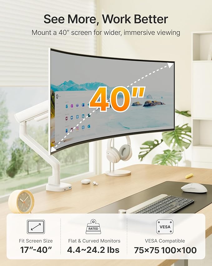 monTEK Single Monitor Arm with USB, Mechanical Spring Monitor Arm - Image 2