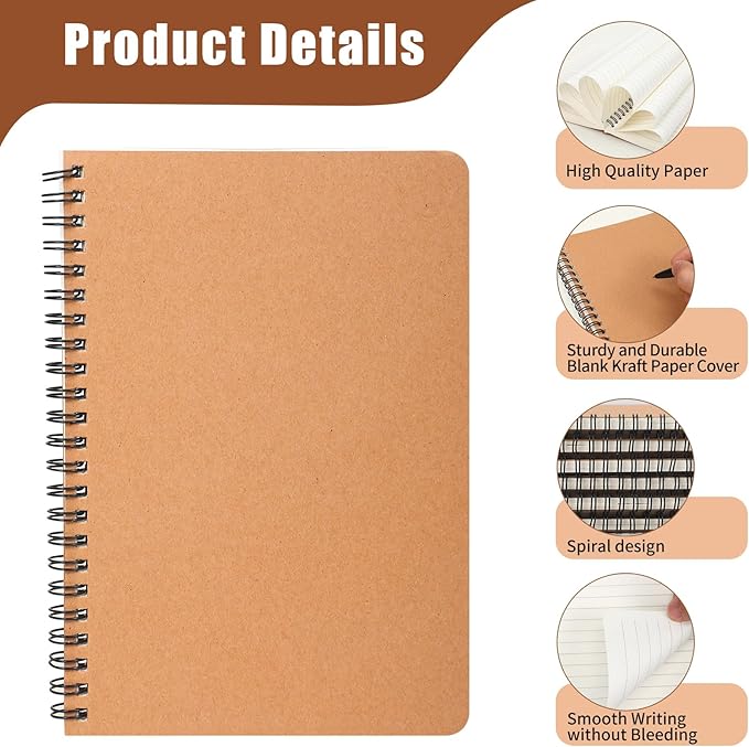 miikoul 100 Packs A5 Spiral Lined Notebooks, Kraft Paper Cover, 60 Sheets/120 - Image 3