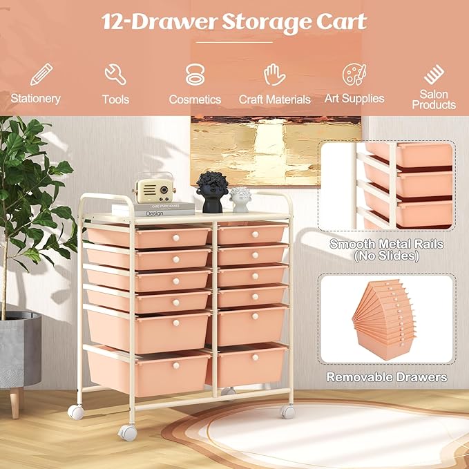 LDAILY 12 Drawer Rolling Storage Cart, Craft Cart Organizer on Wheels w/Metal - Image 4