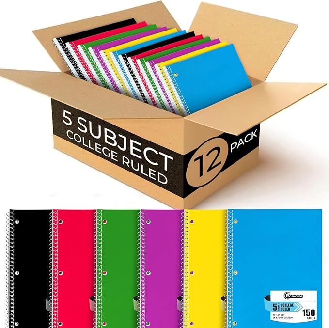 Rosmonde Spiral Notebook 12 Pack, 5 Subject, 300 Pages/Book, College Ruled by Rosmonde