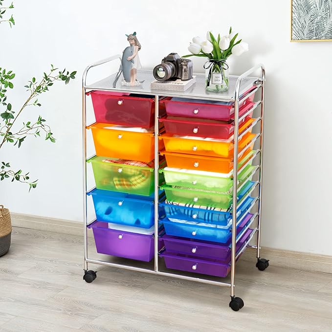 COSTWAY 15 Drawer Rolling Storage Cart, Utility Tools Paper Organizer on Wheels - Image 2