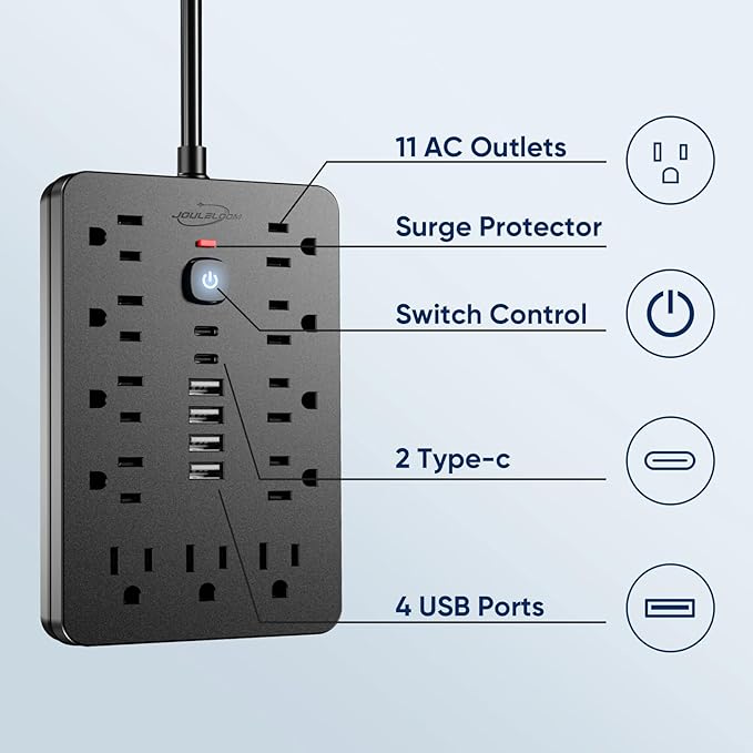 JouleLoom 15 FT Flat Plug Surge Protector Power Strip, 11 Multiple AC Outlets - Image 4