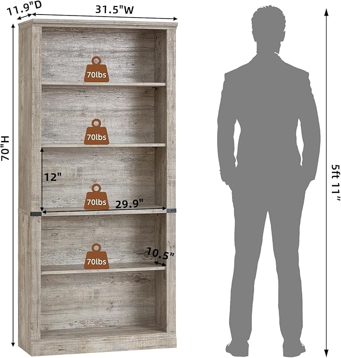 RWYHG 70" Grey Tall Bookshelf, 5-Tier Thick Wooden Book Shelf - Image 2