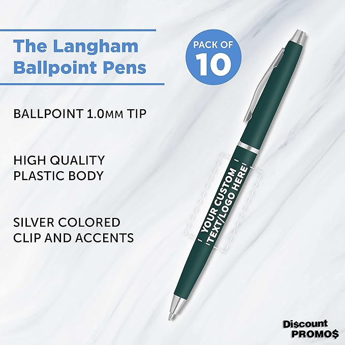 DISCOUNT PROMOS Custom Langham Ballpoint Pens Set of 10, Personalized Bulk Pack - Image 3