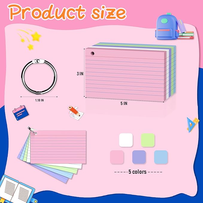 250 Count Colored Index Cards 3 x 5 Inch, Lined Flash Cards - Image 2