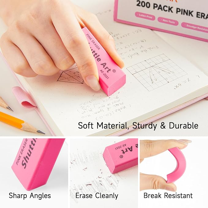 Shuttle Art Pink Erasers, 200 Pack Bulk - Image 2