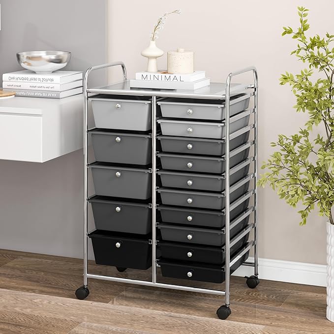 COSTWAY 15 Drawers Storage Cart, Mobile Tools Scrapbook Paper Organizer Cart - Image 2