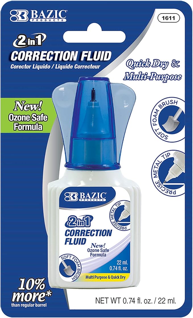 BAZIC Products Correction Liquid 2 in 1, Foam Brush & Precise Metal Tip by BAZICProducts