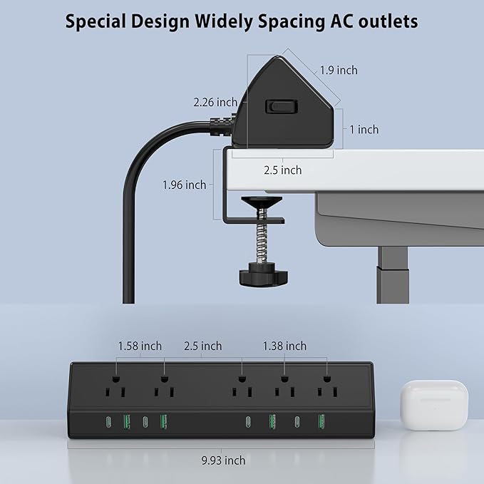45W Fast Charging Station, Desk Clamp Power Strip, 4 PD USB-C Ports, 5 AC - Image 6