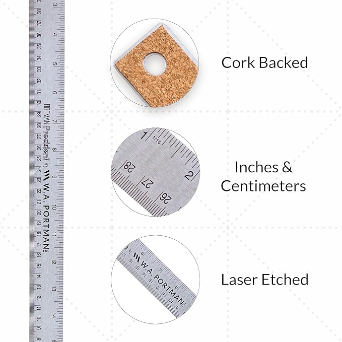 Breman Precision Metal Ruler 18 Inch Cork Back – 2 Pk Stainless Steel Straight - Image 2
