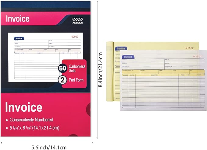 XKDOUS 20 Pack Invoice Book, 2-Part Carbonless, 5-9/16" x 8-7/16" Invoice - Image 2
