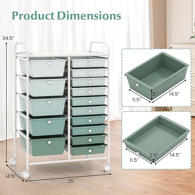 COSTWAY 15-Drawer Rolling Storage Cart, Mobile Utility Cart - Image 3